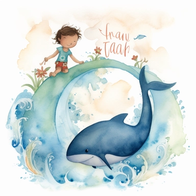 watercolour, adorable, me and the Sea: features an adorable little polynesian boy surfing with dolphins. He is 4 years old, The positive affirmation could be I am confident in my ability to explore the world around me, clipart style
