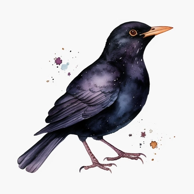 Watercolor blackbird clipart, white isolated background, space out, hd