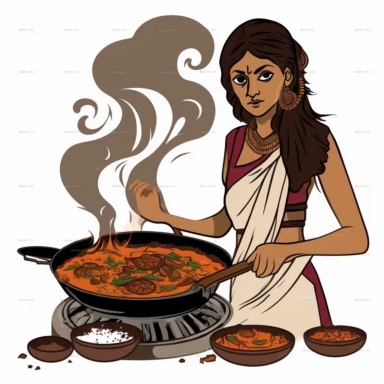 beautiful skinny Indian woman cooking Indian food, clipart