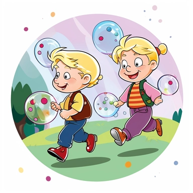 Create a vector illustration, Cartoon children's drawing, in a cartoon style for a children's book depicting two blond 4-year-old children, a boy and a girl, children inflate soap bubbles, running in the distance, pig, svg, white background, vector, logo, sticker, bright colors, 3 colors, 2D, graphics, procreate, adobe illustrator, photoshop, Watercolor , isolated on a white background, simple, graphics, clipart, procreate, 8k, 3D, realistic flat