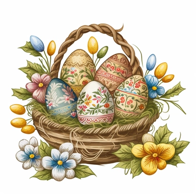 https:funny drawn sketch 5 easter eggs with romanian traditional pattern in a a basket with flowers on white background, artistic painting, easter spring scene, add some spring leaves, add some flowers,add some birds, add sone rabbits, spring vivid colors, watercolor, clipart, 2d, sketch style, no text, no logo