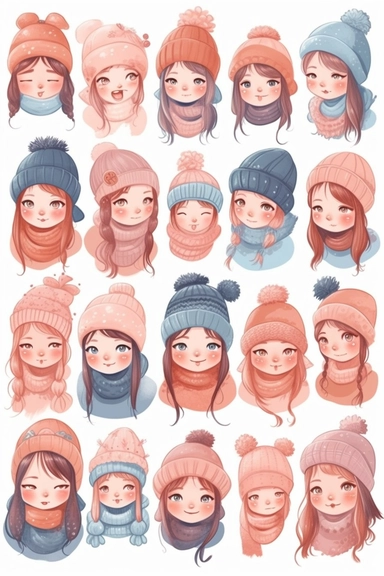 cute girl with beanie fantasy set of clipart on white background