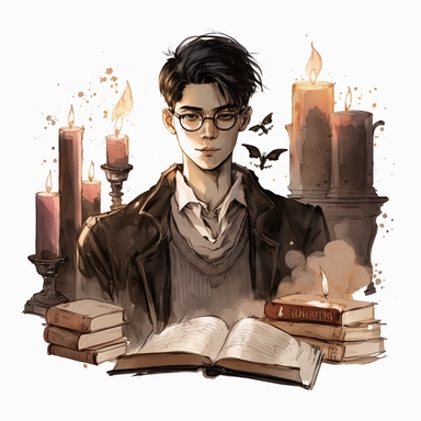 clipart. in the gothical style of dark academia. in the image we see a beautiful smart boy in the black thin reading glasses and stylish clothes in dark academia style. and stylish black hair pulled up. he looks satisfied relaxed and intruguing. surrounded by candles and books. white background. gothic cinematic dramatic atmosphere. brown beige terracotta blush warm watercolours
