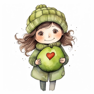 a happy little cute girl in a five-year-old, avocado green, winter, style by Lusy Fleming, folk art, watercolor, clipart elements, smooth gradients, black contour outline, ultra detailed, white background, super clear, high quality