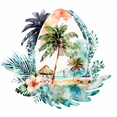 Watercolor Pastel Hawaii Clipart - watercolor surfing tropical island on white background