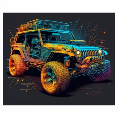 schematic drawings of futuristic concept jeep car, detailed, colorful, vector, sharp focus, super detailed, illustration, 16:9, v4, q2, 16k, High quality, clipart style