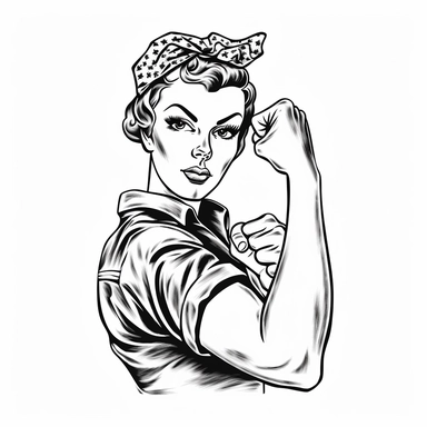 Rosie the Riveter, black and white clipart, perfect fist, no watermarks, vector quality, blank white background, highly detailed