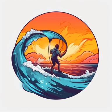 create a flat logo of a kitesurfering in action against a vibrant sunset backdrop and amazing blue waves, capturing the adventurous spirit and the beauty of the merging sports. realistic proportions, vibrant vector, clipart, illustration, realism, 4k, cinematic, front view, white background,