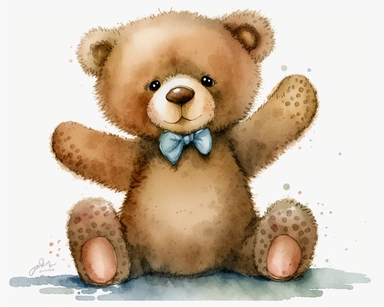 A heartwarming watercolor clipart of a cute Teddy Bear on a pristine white background, created with meticulous attention to detail and rendered in UHD, capturing the bear standing on its hind legs, as if reaching for a hug, emanating warmth and affection, Artwork, UHD watercolor painting on high-quality paper,