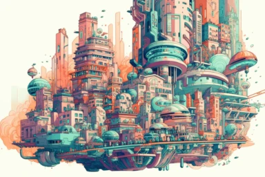 a close up of a infinite loop cyberpunk city on a white background, james gilleard and james jean, escher, trending on artisation, connectedness, scutoid, mit technology review, by Sam Spratt, dan mcpharlin : : ornate, wormholes, tetris, monolithic, stylized stl, clipart icon, simple 4 colors from gray to metalic blue, vector-based, sharp border, plane color and very define, high quality, digital art, 8k resolution, masterpiece, congruent, amazing, incredible, awe-inspiring, mind-blowing, master