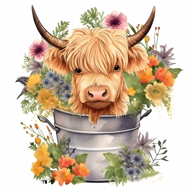 baby highland cow in a small rustic tub covered in flowers and grass with wildflowers all over the place clipart add a ton of flowers clipart watercolor make it cute