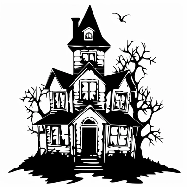 halloween hunted house clipart, black color, white background, minimalistic drawing