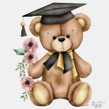 cute watercolour Teddy bear graduate flowers, black and gold, Clipart isolated,