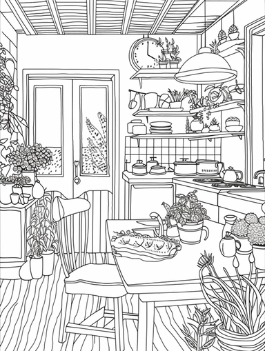 An Adult Coloring Book Featuring Fun and Relaxing Interior Home Designs with Beautifully Furnished Rooms and Welcoming Outdoor Spaces, coloring page line art, black and white clipart for coloring page, simple and clean line art, illustration style,