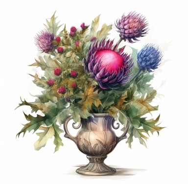 a watercolor of a realistic multicolored thistles bouquet in a victorian vase, victorial style, vector free clipart illustration, in the style of unreal engine 5, 32k uhd, detailed features, white background