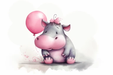 Cute carton little hippo with pink balloon, white background , in the style clipart, digital airbrushing, high resolution, 300 DPI,