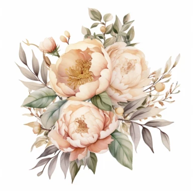 hite and beige watercolor Peony Bouquets with leaves in the background, soft muted color, clipart, multiple flowers in a bouquet, different composition, ultrarealistic, high details, emotive fields of color, charming illustrations, bloomcore, fairycore, soft color, whimsical, isolated on white background