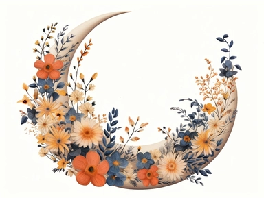 vintage pressed flowers, in a crescent moon shape, for a T-shirt graphic, minimalist, white background with margins, clipart style