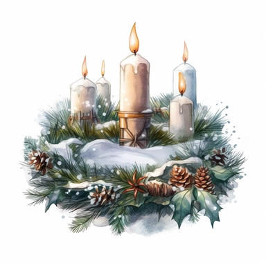 vintage design, advent wreath around, christmas theme oil paining Clipart Collection in beautiful winter landscape, advent wreath around, christmas theme, detailed, isolated, white background, one pattern