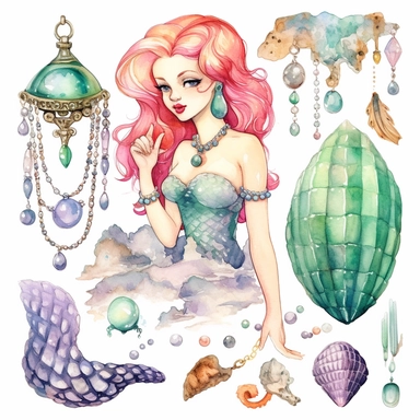 watercolor clipart mermaid clipart , jewels, treasure chest, pearls , shells with pearls, cute fish, seaweed , cartoon detailed