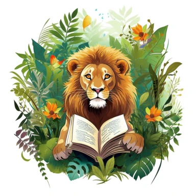 clipart, vector art, white background, lion in jungle, reading book, vivid colours