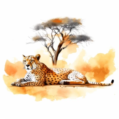 realistic watercolor cheetah taking a nap while yawning on a dry desert land with a huge tree under the shade on solid white background, clipart