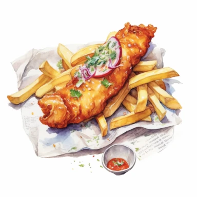 Traditional British Fish and Chips served in a newspaper, Clipart, watercolor, white background, intricate detail.