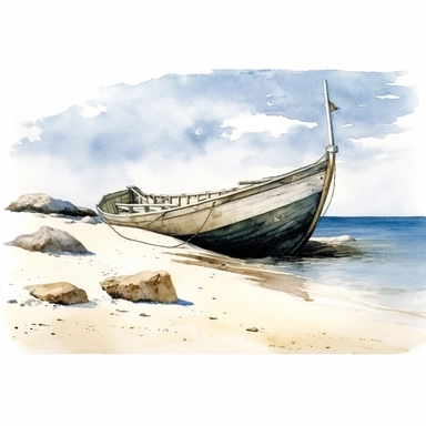 a boat by seashore, watercolor painting by ANDREW WYETH, clipart, white background