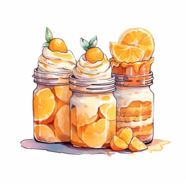 A vibrant still life composition featuring three orange watercolor clipart mason jars filled with delectable desserts, placed on a white background. The jars are elegantly arranged, with their lids off, showcasing the mouthwatering desserts inside. Each jar contains a different dessert, like a luscious orange creamsicle parfait, a tangy citrus tart, and a refreshing orange sorbet. The desserts are expertly garnished with slices of fresh orange, mint leaves, and a sprinkle of powdered sugar. The 