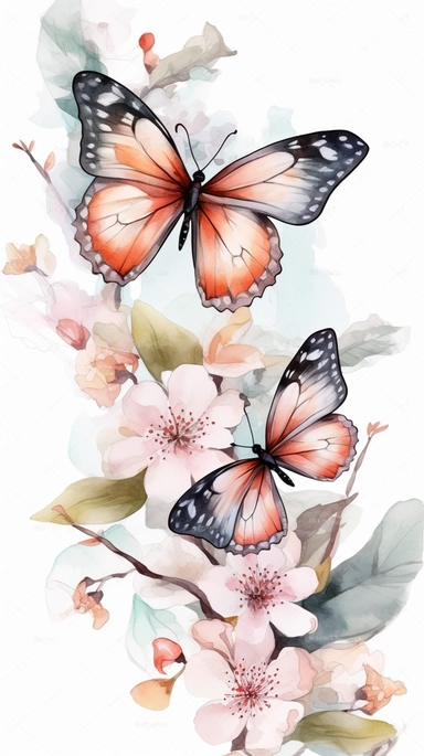 clipart Watercolor art of a cherry blossom branches, and butterflies, with soft pastel hues, illustration in the style of Ayami Kojima and J.C. Leyendecker, pixiv, high quality, highly detailed,on white background,fit image on paper, align center and middle, iw 0.75