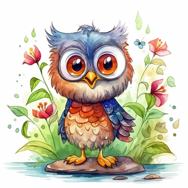 children book illustration. cartoon beauty owl happy in a garden. Watercolor clipart. Pixar animation