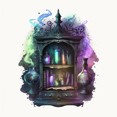 Gothic style Magical Potion Cabinet on the wizard shelf with watercolor effect,mystical magic books,victorian style candlestick,fantasy scene, suitable for digital clipart,white background