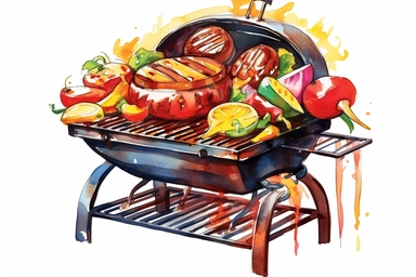 colorful BBQ grill with food, watercolor clip art