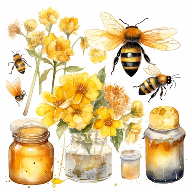Watercolor Honeybee Clipart Bundle. Summer Clipart. Watercolor flower digital Graphics. Honey Bees, Honey Jar, Honey Drips.watercolor honey bee Clipart. Spring Garden honey dripping from honeycomb. Fantasy,white background. Black and white ink. solution HD : : ultrarealistic,Leica M6 camera with a Leica 50mm f/2 Summicron lens Fujifilm Pro 400H, set the ISO to 400, shutter speed to 1/125, and aperture to f/2.0, colored film,1/1000.The colors are rich and vibrant, with warm tones that suggest a c