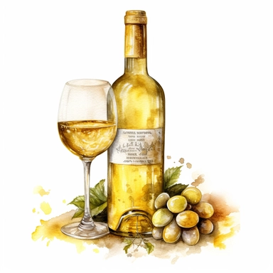 watercolor, hyper realistic, white background, white margins, 16k, ultra detailed clipart, cut out image, hand-drawn illustration style for picture books a wine bottle with warm yellow tones, ready to be poured and enjoyed with a Mediterranean meal