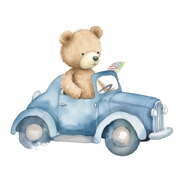 watercolor teddy bear boy with car , blue shirt, clipart, white background, cute dreamy, soft subtle colors , by beatrix potter