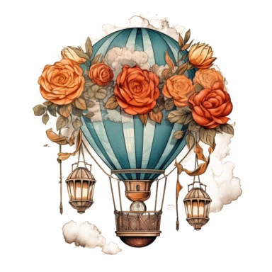 Vintage hot air balloon with flower sublimation clipart, hd, intricate detail, illustration style, high solution, on the white background