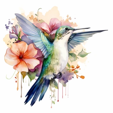 Stunning Watercolor Hummingbird with flower clipart, white background