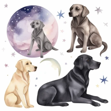 celestial watercolour Labrador clipart, on white background, stars, nebula, moon, galaxy, soft colours