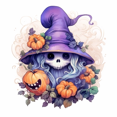 Cute Ghost wearing a Halloween hat, pumpkin, purple flowers, Halloween sublimation, watercolor, digital painting, highly detailed, realistic,style by Lucy Fleming, watercolor, smooth gradients, black contour outline, ultra detailed, clipart elements, delicate pastel colors, solid white background, super clear, high quality