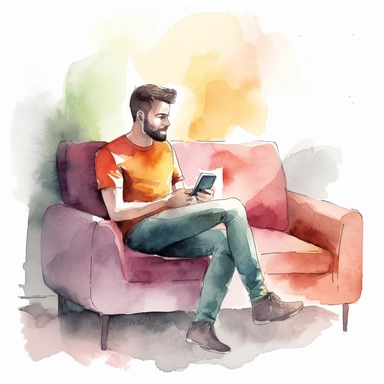 A person sitting on the couch at home, using a cell phone in his hands. A happy, surprised, watercolour sketch, vivid colors, minimal background scene, without background, with the possibility to cut the main scene as if it were clipart