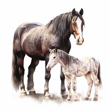 shire horse horse and foal in the style of digital airbrushing realistic yet stylized, digitally enhanced, clipart, 32k uhd, detailed crosshatching white background