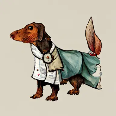 anthropomorphic Daschund, Doctor wearing white coat, Redwall, Beatrix potter, clipart