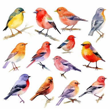 A charming watercolor clipart illustration of Finches, portrayed against a pristine white background. The artwork captures the beauty and diversity of these small songbirds, with their delicate bodies and colorful plumage. The watercolor technique adds a soft and whimsical touch to the illustration, with gentle brushstrokes that bring the birds to life. Each Finch is depicted with its unique combination of vibrant colors, showcasing the range of hues from yellows and oranges to greens and blues.