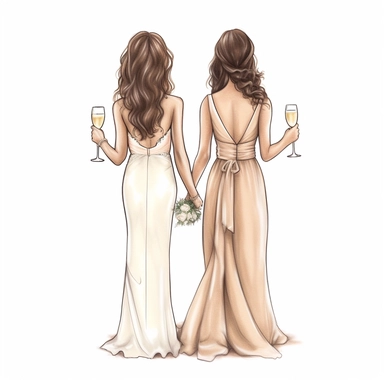 clipart of a bride and bridemaid from behind, soft drawn, both with brunette hair holding a glass flu, champagne colour bridemaid dress