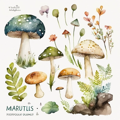large, Watercolor graphic, Mushrooms Clipart - cute forest nature toadstool clip art, white background, landscape, clump of mushrooms, moss, woodlands