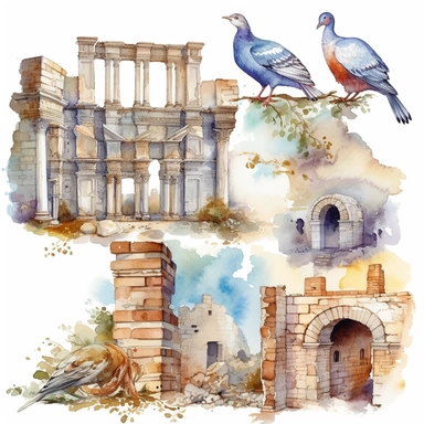watercolor turkey ephesus ruins, illustrations clipart set, simple, , cartoon elements ,different variants ,marble elements, separate elements with a margin