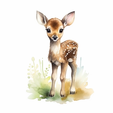 Watercolour animated whimsical cute baby woodland deer beautifully detailed perfect facial features four perfect legs and hooves Bambi inspired ultra highly detailed, 18k, sharp focus, bright photo with rich colours digitally enhanced, enhanced graphics, straight, sharp focus, bright lighting, intricate detailed png image ,high definition,300dpi,graphic clipart,computer graphics