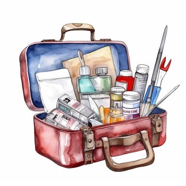 first aid kit with medical equipment,Watercolor style, Clipart,on white background with margins