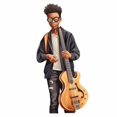 Cool cute black kid Musician, cool Musician clothes, male black boy, watercolor style, clipart solid white background
